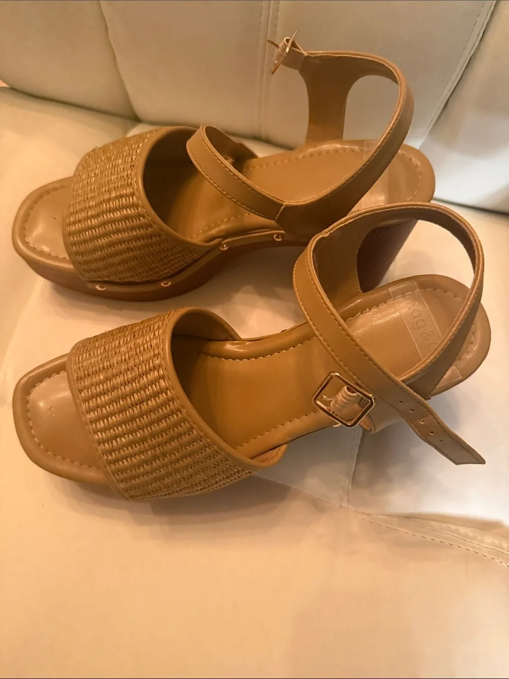 Woven Tan Platform Sandals with Ankle Strap